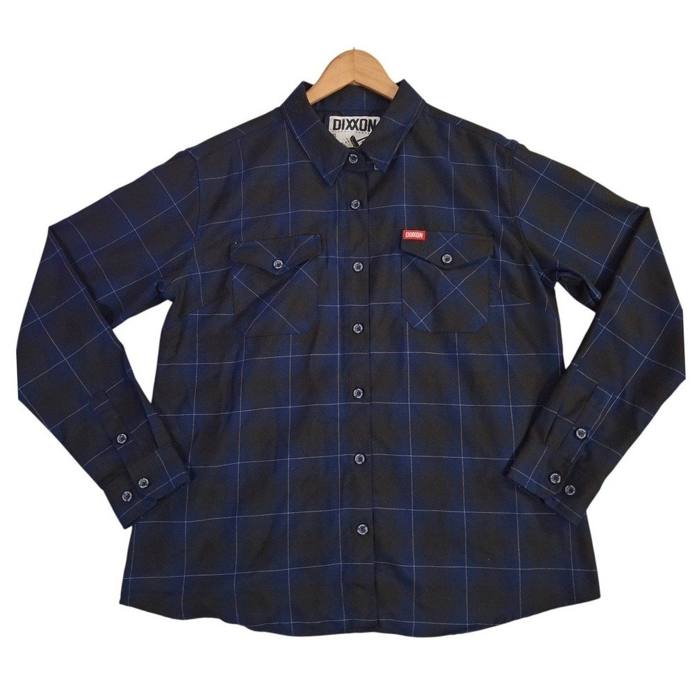 Dixxon Flannel Co The Purpose Shirt Womens XL Navy Blue Black Plaid D-Tech